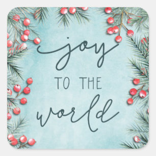 Joy World Religious Christmas Rustic Holiday Blue Quadratischer Aufkleber