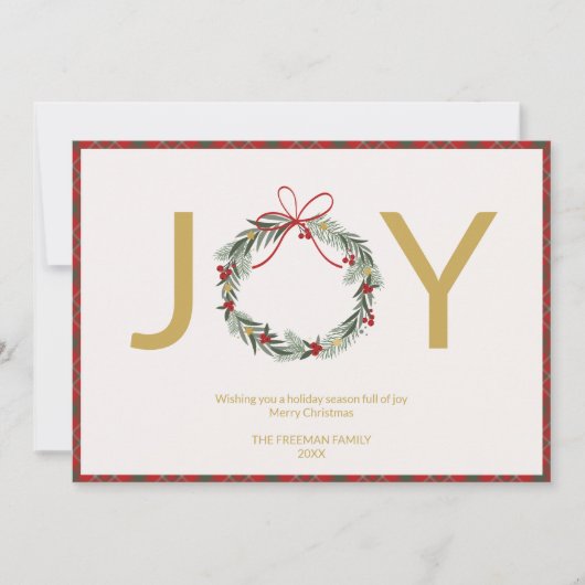 JOY Wreath Foto Weihnachtskarte mit Kariertem Trim Einladung (Vorderseite)
