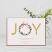 JOY Wreath Foto Weihnachtskarte mit Kariertem Trim Einladung (Stehend Vorderseite)