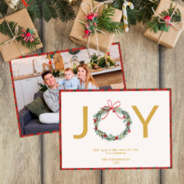 JOY Wreath Foto Weihnachtskarte mit Kariertem Trim Einladung