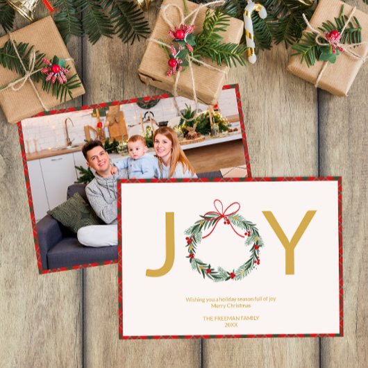 JOY Wreath Foto Weihnachtskarte mit Kariertem Trim Einladung