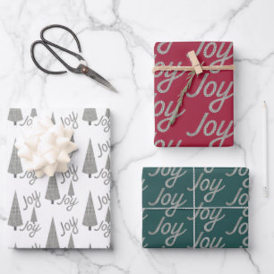 Joy Xmas Tree Hahnentrittmuster White Burgundy Gre Geschenkpapier Set