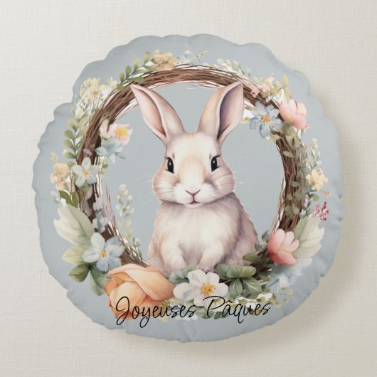 Joyeuses Pâques Easter Bunny in einem Blumenkranz Rundes Kissen (Vorderseite)