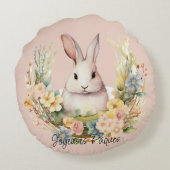 Joyeuses Pâques Easter Bunny in einem Blumenkranz Rundes Kissen (Rückseite)