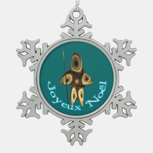 Joyeux Noё l - Fraktal Inuit Hunter Schneeflocken Zinn-Ornament (Vorderseite)