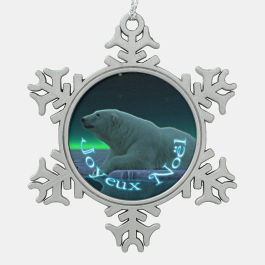 Joyeux Noё l - Ice Edge Polar Bear Schneeflocken Zinn-Ornament (Vorderseite)