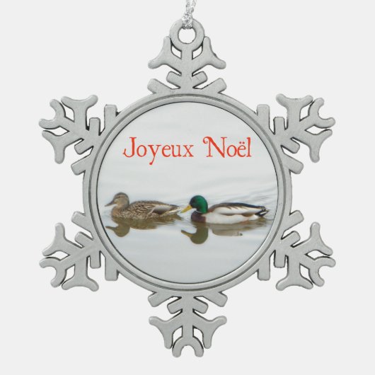 Joyeux Noё l - Mallards Schneeflocken Zinn-Ornament (Vorderseite)