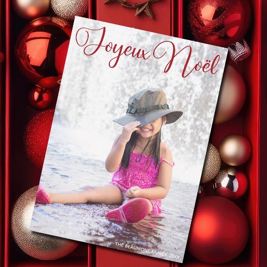 Joyeux Noël Chic Red Script Französisch Familie Fo Feiertagskarte