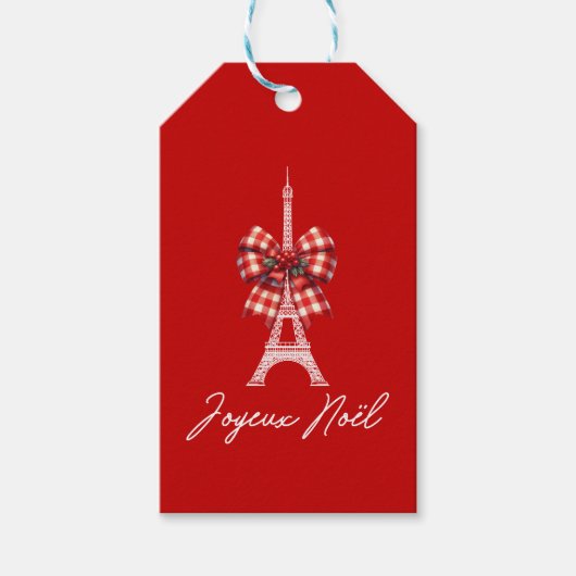 Joyeux Noël Eiffel Tower Christmas Bow Red & White Geschenkanhänger (Vorderseite)