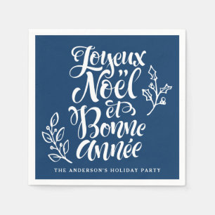 Joyeux Noël et Bonne Année Calligraphy Navy Blue Serviette