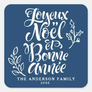 Joyeux Noël et Bonne Année Holiday Navy Blue Quadratischer Aufkleber