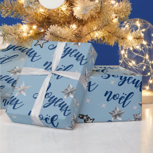 Joyeux Noël - Frohe Weihnachten - Blau & Silber Geschenkpapier