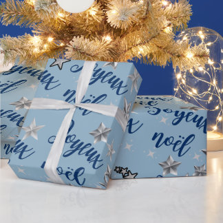 Joyeux Noël - Frohe Weihnachten - Blau & Silber Geschenkpapier