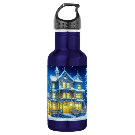 Joyeux Noël Hübsch Blue Christmas House Edelstahlflasche (Vorderseite)