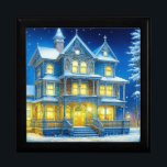 Joyeux Noël Hübsch Blue Christmas House Erinnerungskiste<br><div class="desc">Joyeux Noël Hübsches blaues Weihnachtshaus mit hübschem Schnee im Hintergrund.</div>