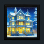 Joyeux Noël Hübsch Blue Christmas House Erinnerungskiste<br><div class="desc">Joyeux Noël Hübsches blaues Weihnachtshaus mit hübschem Schnee im Hintergrund.</div>