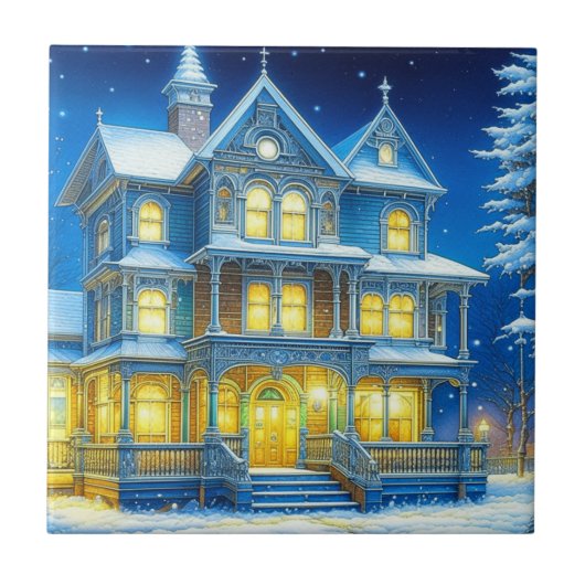 Joyeux Noël Hübsch Blue Christmas House Fliese (Vorderseite)