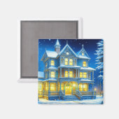 Joyeux Noël Hübsch Blue Christmas House Magnet (Vorderseite/Rückseite)