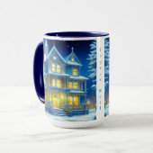 Joyeux Noël Hübsch Blue Christmas House Tasse (Vorderseite Links)