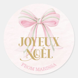 Joyeux Noël Pink & Green French Coquette Bow Runder Aufkleber