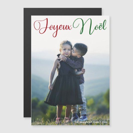 Joyeux Noël Red Green Script Foto Magnet Card (Vorne/Hinten)
