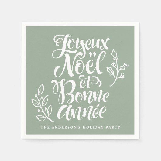 Joyeux Noël und Bonne Année Calligraphy Sage Green Serviette (Vorderseite)