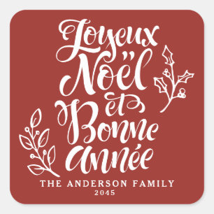 Joyeux Noël und Bonne Année Holiday Red Quadratischer Aufkleber