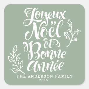 Joyeux Noël und Bonne Année Holiday Sage Green Quadratischer Aufkleber