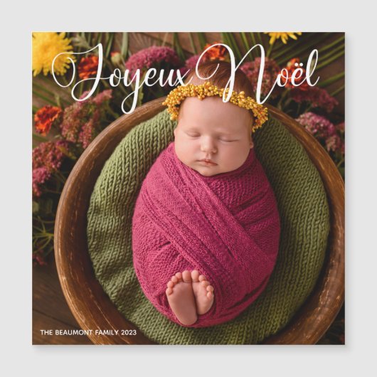 Joyeux Noël White Script Foto Christmas Magnet (Vorderseite)