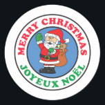 Joyeux Weihnachten French Christmas Santa Runder Aufkleber<br><div class="desc">Joyeux Weihnachten Französischer Weihnachtssticker. Sagen Sie "Frohe Weihnachten" auf Französisch mit diesen niedlichen,  Cartoon Urlaub Weihnachtsaufklebern. Ideal für jedes französische Weihnachtsfest. Mit diesem niedlichen Design werden französische Kinder und Erwachsene in den Urlaubssgeist versetzt. Gut geeignet für Geschenk- oder Leckerei-Taschen.</div>