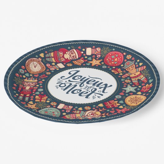 Joyeux Weihnachten Jahrgang Weihnachtsfiguren Folk Pappteller (Schrägansicht)