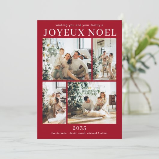 Joyeux Weihnachten Multi Foto Holiday Card (Stehend Vorderseite)