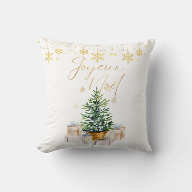 Joyeux Weihnachten Weihnachtsbaum Gold Schneeflock Kissen (Vorderseite)