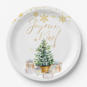 Joyeux Weihnachten Weihnachtsbaum Gold Schneeflock Pappteller