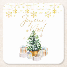 Joyeux Weihnachten Weihnachtsbaum Gold Schneeflock Rechteckiger Pappuntersetzer