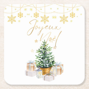 Joyeux Weihnachten Weihnachtsbaum Gold Schneeflock Rechteckiger Pappuntersetzer