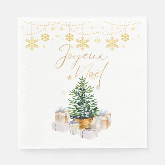 Joyeux Weihnachten Weihnachtsbaum Gold Schneeflock Serviette (Vorderseite)