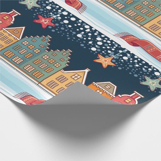 Joyeux Weihnachten Winterhäuser Schneedörfchen Geschenkpapier (Ecke)