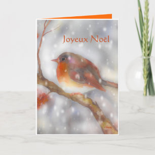 joyeux Weihnachtenrotkehlchen und -schneeflocken Feiertagskarte