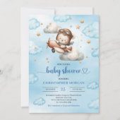 Joyful airplane teddy bear blue baby shower invite einladung (Vorderseite)