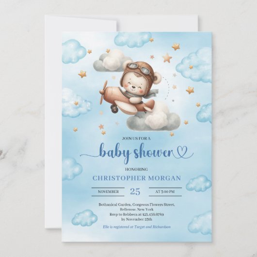 Joyful airplane teddy bear blue baby shower invite einladung (Vorderseite)