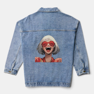 Joyful Anime Girl: Graues Haar, rote Brille, Red R Jeansjacke