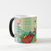 Joyful Birds in a Colorful Garden Mug Verwandlungstasse (Vorderseite Links)