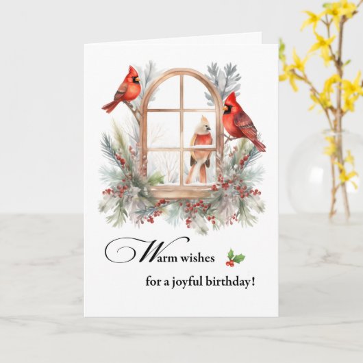 Joyful Birthday Kardinal Birds in Window Karte (Gelbe Blume)