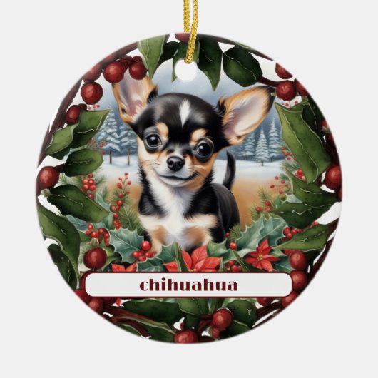 Joyful Black Chihuahua Puppy Custom Christmas Keramik Ornament (Vorne)