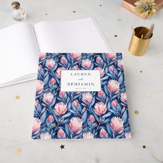 Joyful Blue and Pink Floral Protea Gästebuch (Vorderseite offen)