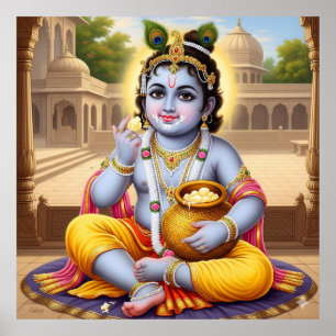 Joyful Blue Classic Bala Krishna Pot Art Design Poster
