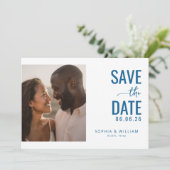 Joyful Blue Minimalist Photo Save The Date (Stehend Vorderseite)