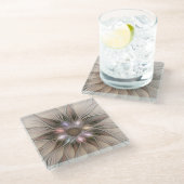 Joyful Blume Abstrakt Beige Brown Fraktal Glasuntersetzer (Schrägansicht)