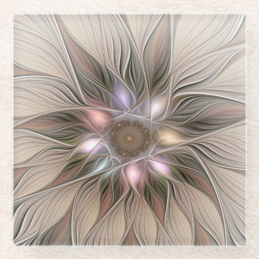 Joyful Blume Abstrakt Beige Brown Fraktal Glasuntersetzer (Vorderseite)